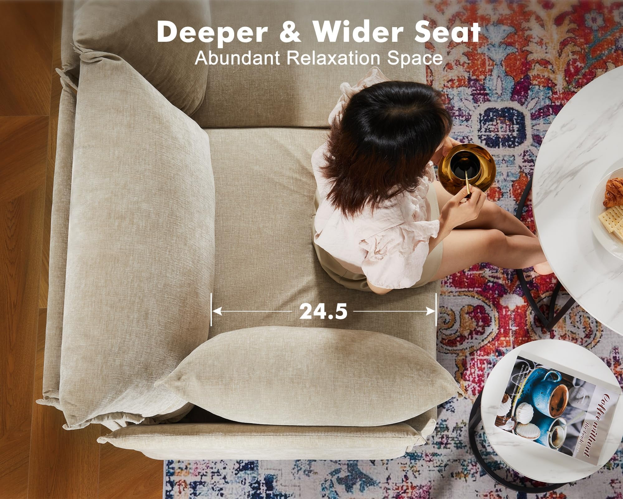 CDCASA Modern Loveseat Sofa, 2 Seater Chenille Sectional Sofa Couch with Deep Seat, Upholstered Couches for Living Room, Beige