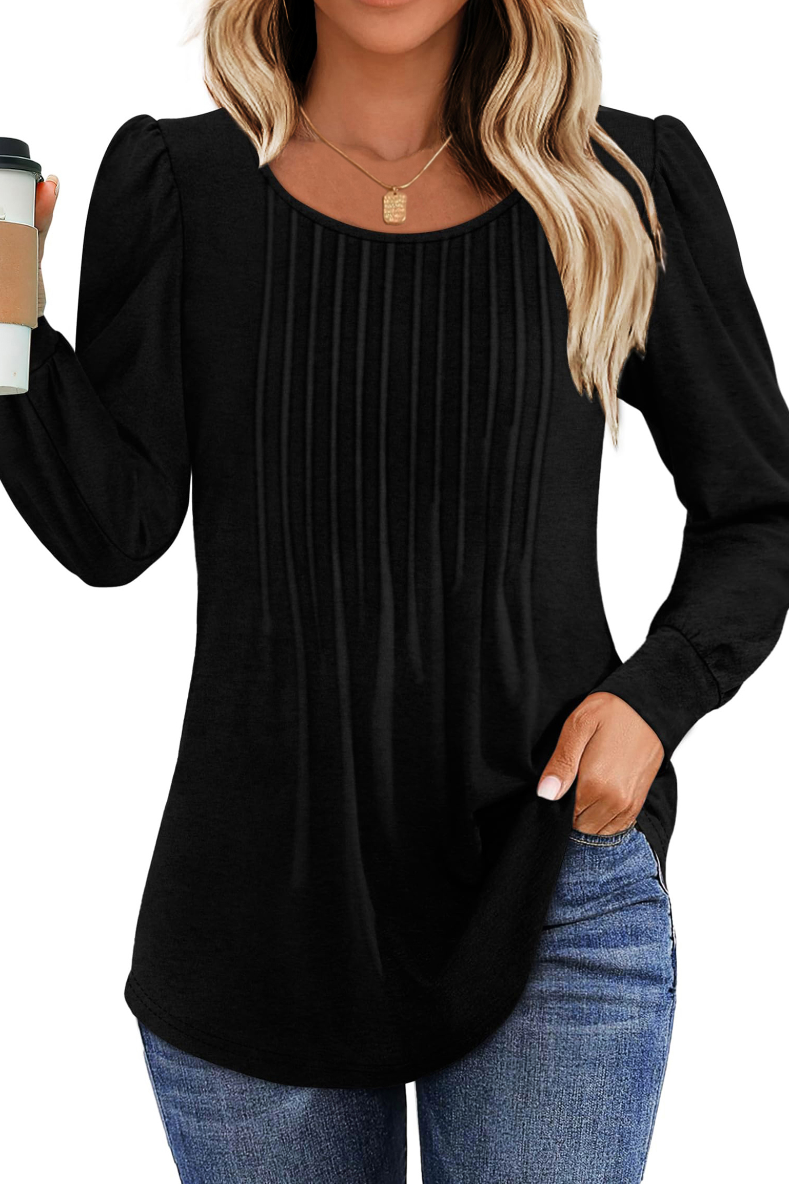 Fantaslook Women's Puff Long Sleeve Pleated Blouse, Black
