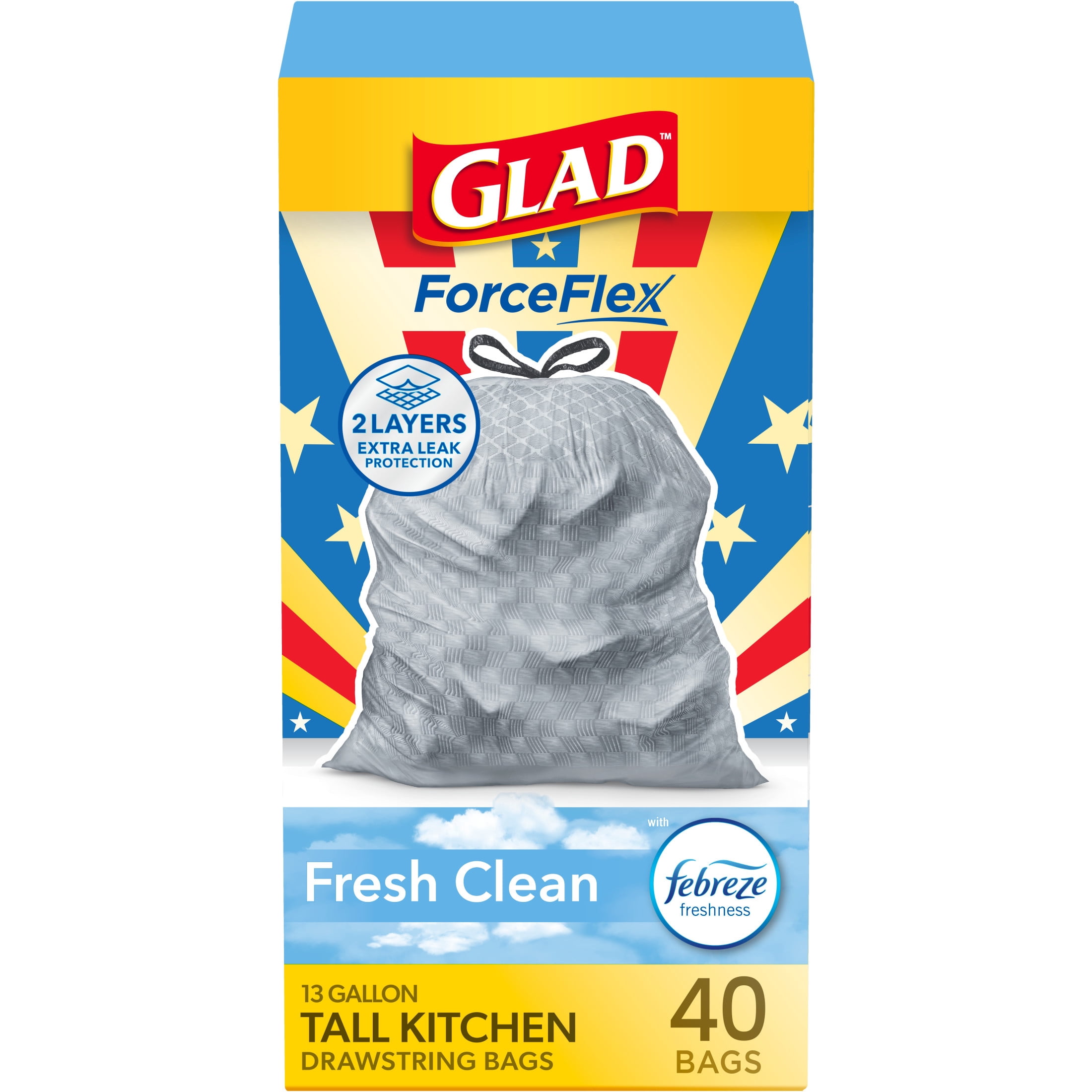 (3 pack) Glad ForceFlex Tall Kitchen Drawstring Trash Bags, 13 Gallon, Fresh Clean Febreze, 40 Count