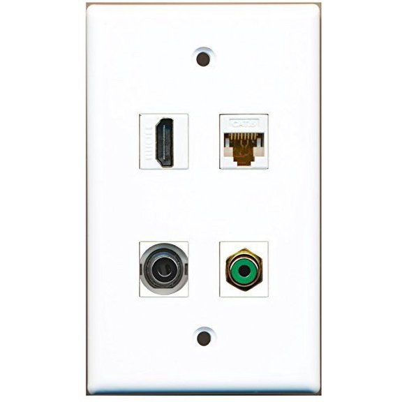 RiteAV - 1 Port HDMI 1 Port RCA Green 1 Port 3.5mm 1 Port Cat6 Ethernet White Wall Plate