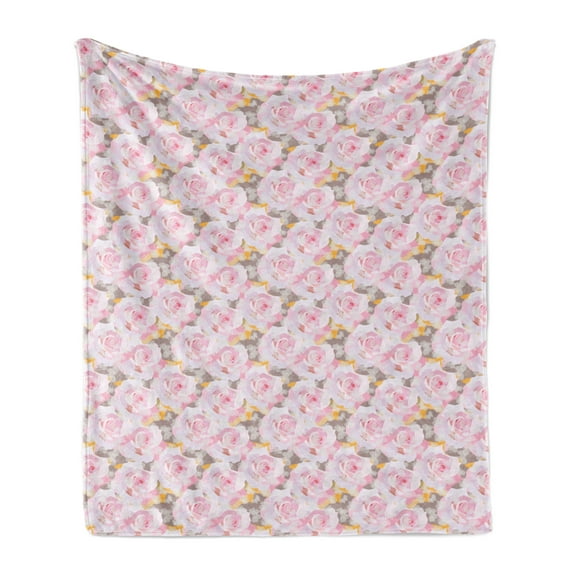 Landscape Soft Flannel Fleece Throw Blanket, Print of Pastel Pink Tones Roses Butterflies Romantic Design Composition, Cozy Plush for Indoor and Outdoor Use, 50" x 70", Rose Pale Orange, by Ambesonne