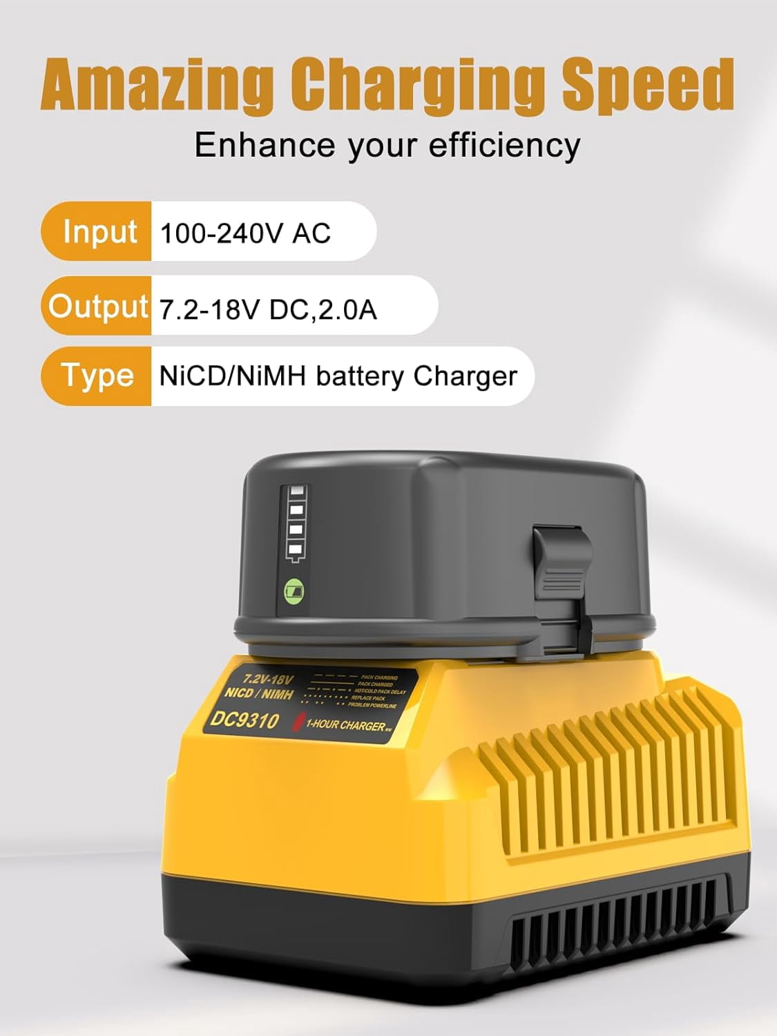 DC9310 Fast Charger Replacement for Dewalt 18V Battery Charger Compatible with DeWalt 7.2V-18V NiCad/NiMh Batteries DW9116 DC9096 DC9098 DC9099 DW9098 DW9099 DW9096 DW9072 DW9061