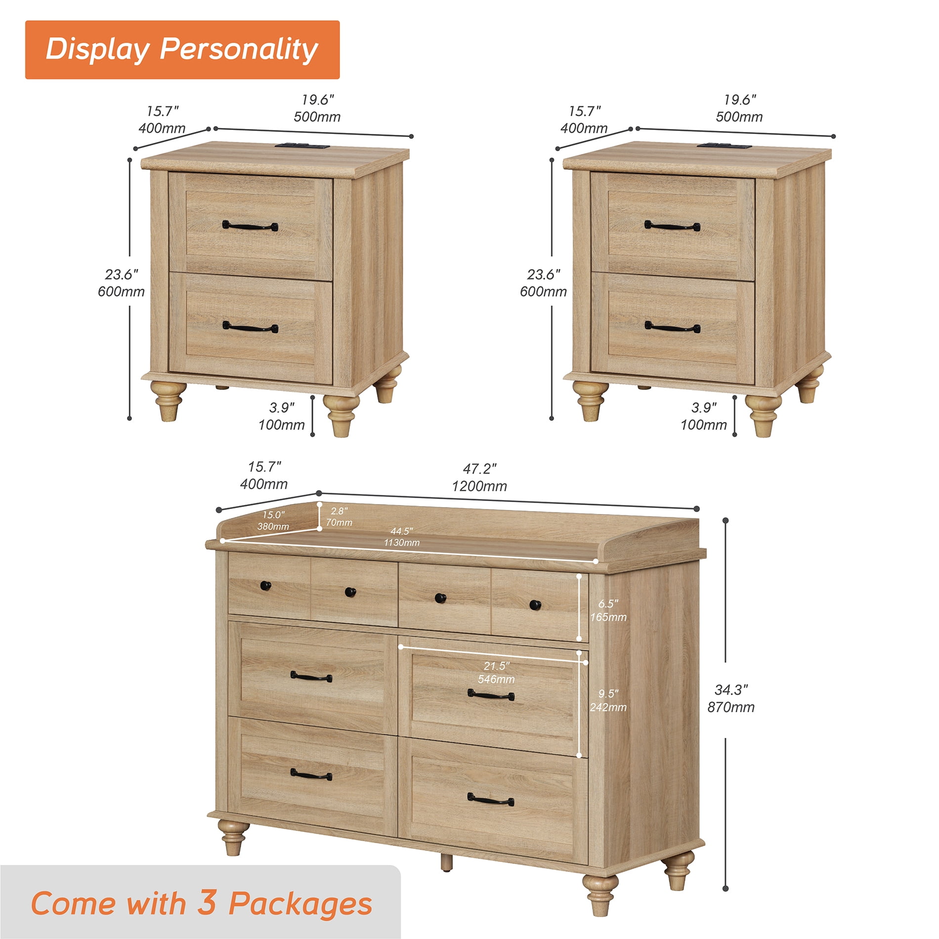 3 Piece Dresser and Nightstand Sets, Farmhouse Dresser with 6 Drawers, Set of 2 Night Stands with Charging Staion, 3 Piece Bedroom Set, Oak