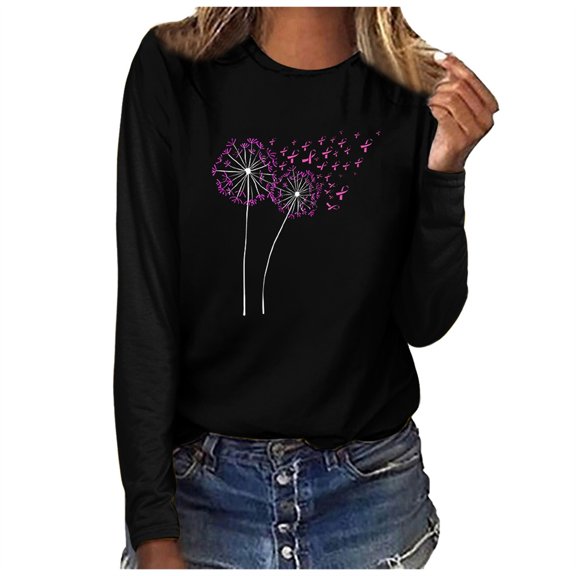 Oiangi Breast Cancer Awareness Shirts for Women Pink Ribbon Long Sleeve Crewneck Tops Fall Casual Tee Support Survivor Black 2XL