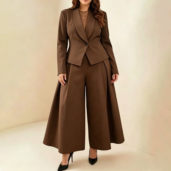 IUYRTFE Women's Blazer and Wide Leg Pants Set Long Sleeve Double Breasted Suit with Flared Trousers