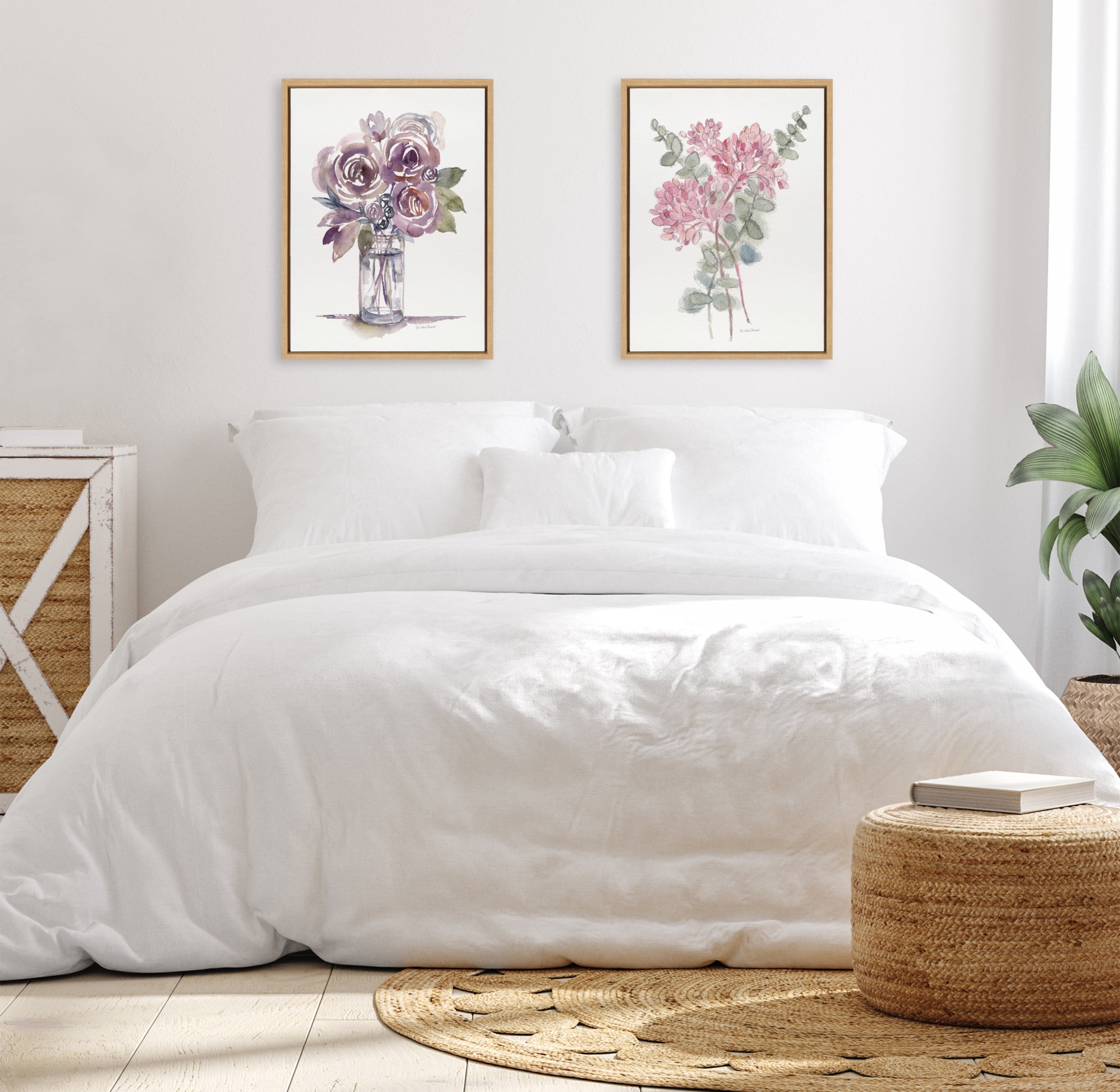 Woven Paths Sylvie Soft Pinkheart Florals and Eucalyptus Framed Canvas Wall Art by Patricia Shaw, 18x24 Natural, Minimalist Botanical Wall Décor