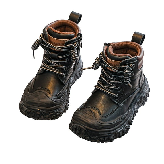 Boys Snow Boots Chunky Platform High Top Winter Hiking Booties Lace up Side Zipper Waterproof Leather Sneakers Black 9 Toddler