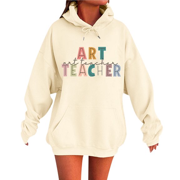 Unisex Teacher Print Long Sleeve Hooded Sweatshirt for Autumn Winter Comfort Casual Wear with Front Pocket Design