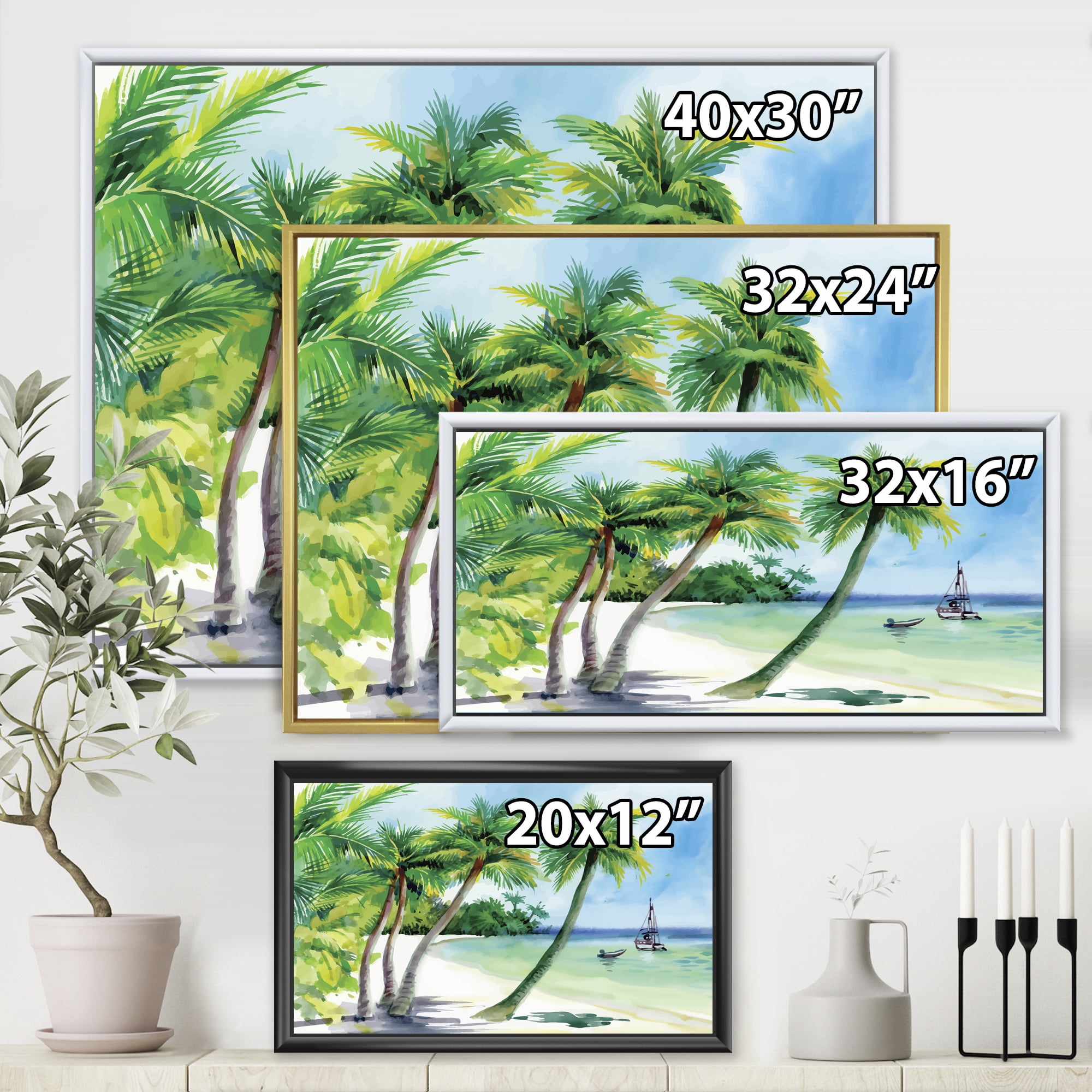 Designart 'Palm Trees With Summer Beach' Nautical & Coastal Framed Canvas Wall Art Print