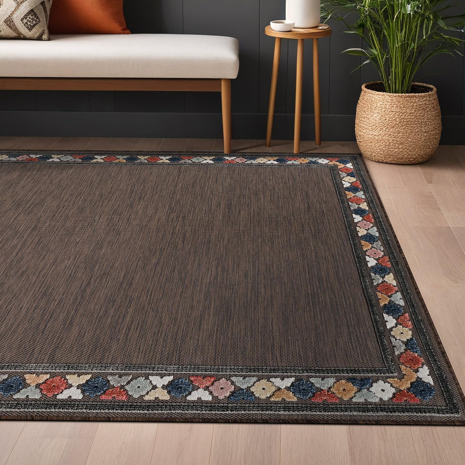 Beverly Rug Outdoor / Indoor Area Rugs Patio Porch Garden Carpet Bordered/Brown 5x7