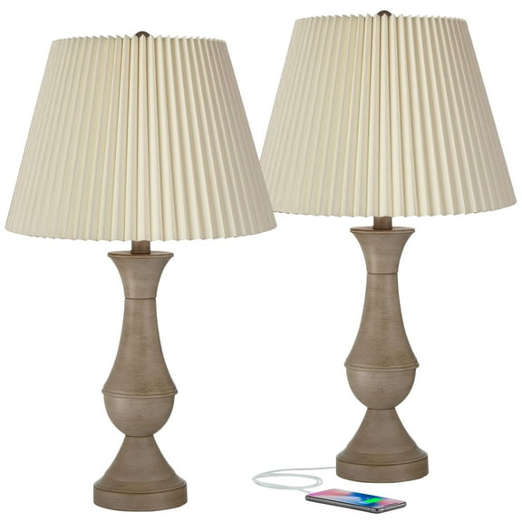 Regency Hill Avery Traditional Table Lamps 25" High Set of 2 Faux Wood with USB Charging Port LED Touch On Off Ivory Shades for Living Room Home Desk