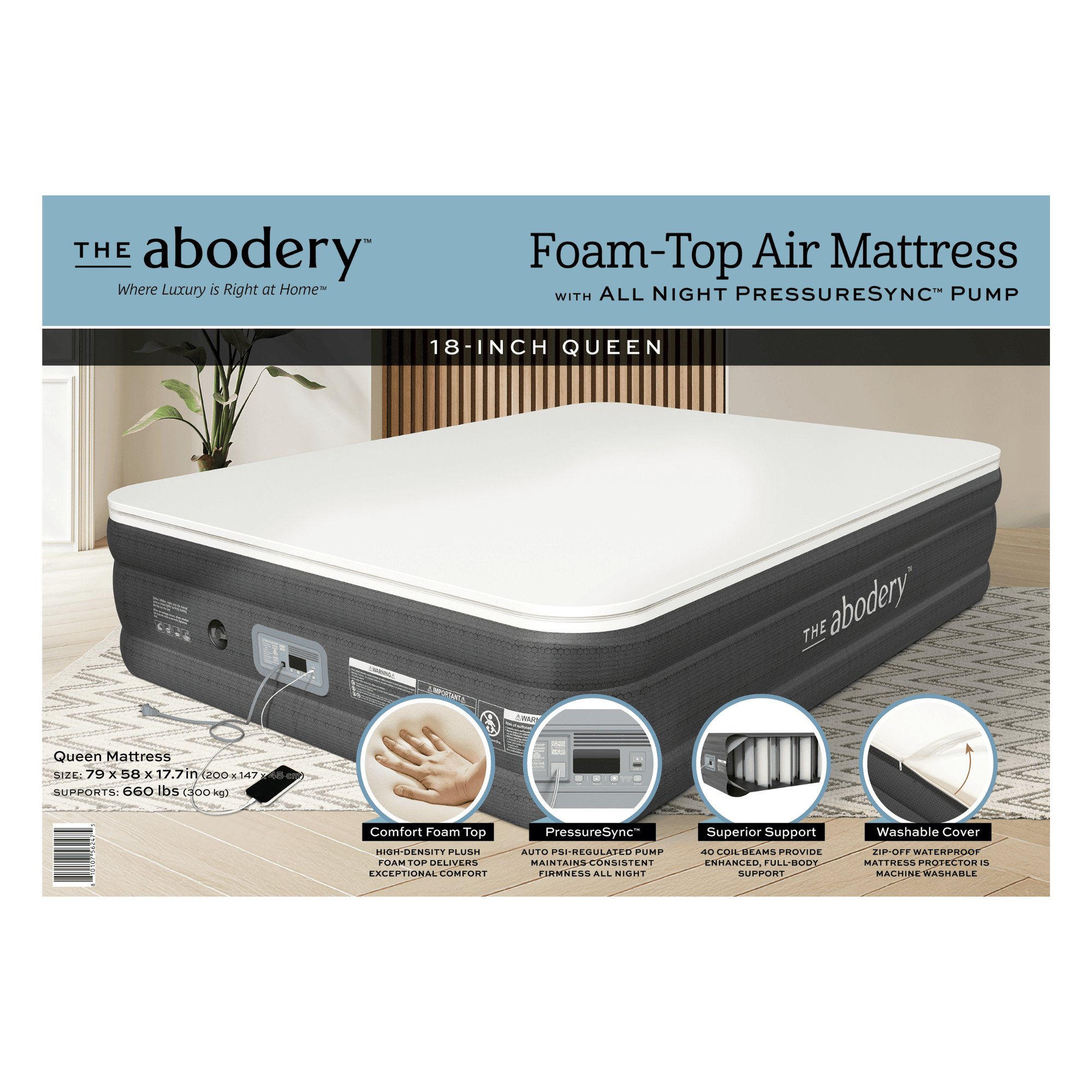 Foam Top Air Mattress with All-Night PressureSync Pump, Inflatable 18-Inch Queen Mattress by The Abodery