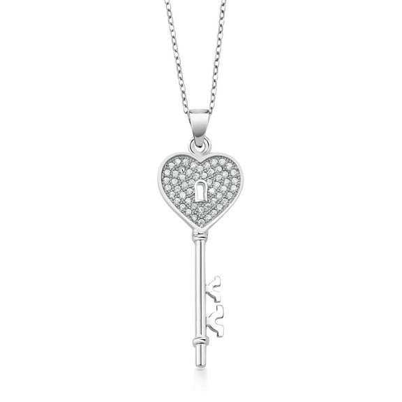 Gem Stone King 925 Sterling Silver Cubic Zirconia CZ Heart Shape Key Pendant Necklace for Women (1.50 inch, with 18 inch Silver Chain)