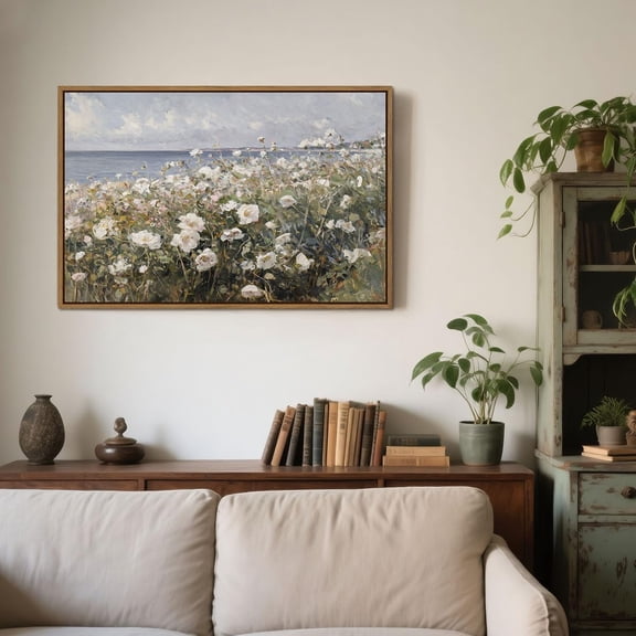 Framed Landscape Wall Art Blue Ocean Theme White Flower Pictures Wall Decor Abstract Floral Painting Prints Modern Seascape Artwork for Living Room Bedroom Bathroom Home Office Decoration, 16''x24''