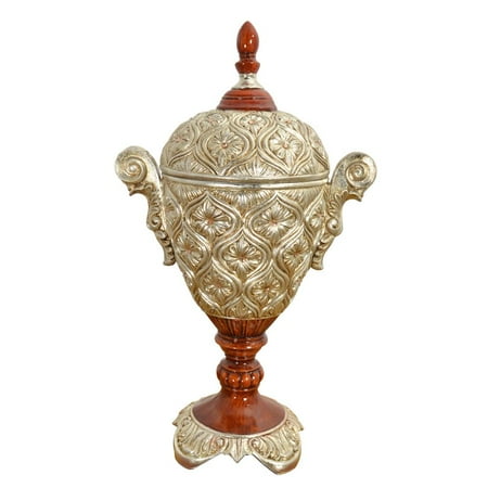 AFD Valencia Stately Lidded Urn 23 Inches Tall Valencia Stately Lidded Urn 23 Inches Tall The Valencia Stately Lidded Urn is 23 Inches grand. The urn is sculpted with decorative handles and a removable lid. It is formerly called a presentation urn and used primarily as a freestanding display Object of Art. The lid can also be removed  opening up uses such as a beautiful flower vase or a very decorative storage urn. This beautiful creation is from the Valencia Collection and can be combined with other items for a larger display. Each piece is hand cast in durable polyresin and hand finished in a lustrous wood tone with a dramatic contrast of antiqued silver leafing. The collection is unique and will surely evoke compliments for its beauty. Sold separately but often purchased in pairs for balance and symmetry. No Assembly Required - Color: Wood  Silver  Amber - Material: Poly Resin - ITEM_DEPTH: 9 - ITEM_HEIGHT: 23 - ITEM_WIDTH: 13.25 - Item_Weight: 10