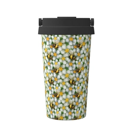

Xecao Bees and Flower Pattern Insulated Coffee Mug with Handle & Flip Thermos Mug Water Bottle Coffee Tumbler Cup