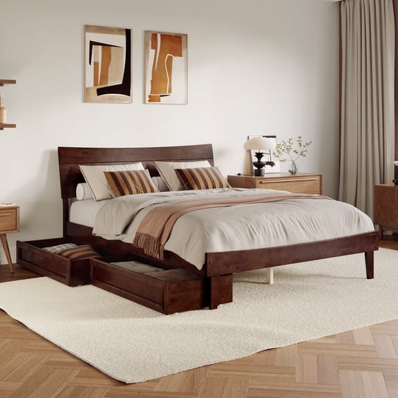 Phoenix Queen Solid Wood Platform Bed with Drawers in Walnut