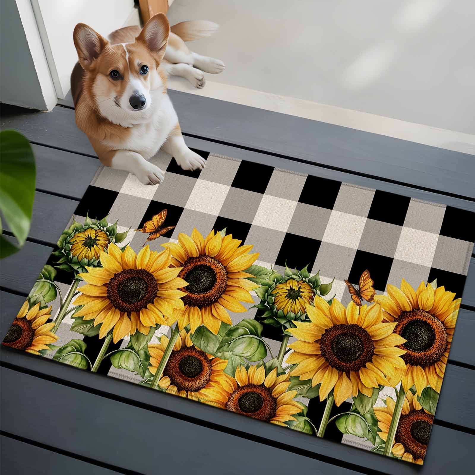 Entrance Runner Rug 2'x3', Sunflower Checkered Non-slip Doormat for Indoor Outdoor Entrance, Black Buffalo Plaid Pastoral Flowers Throw Floor Mat for Front Door/Living Room/Bedroom/Bathroom/Kitchen
