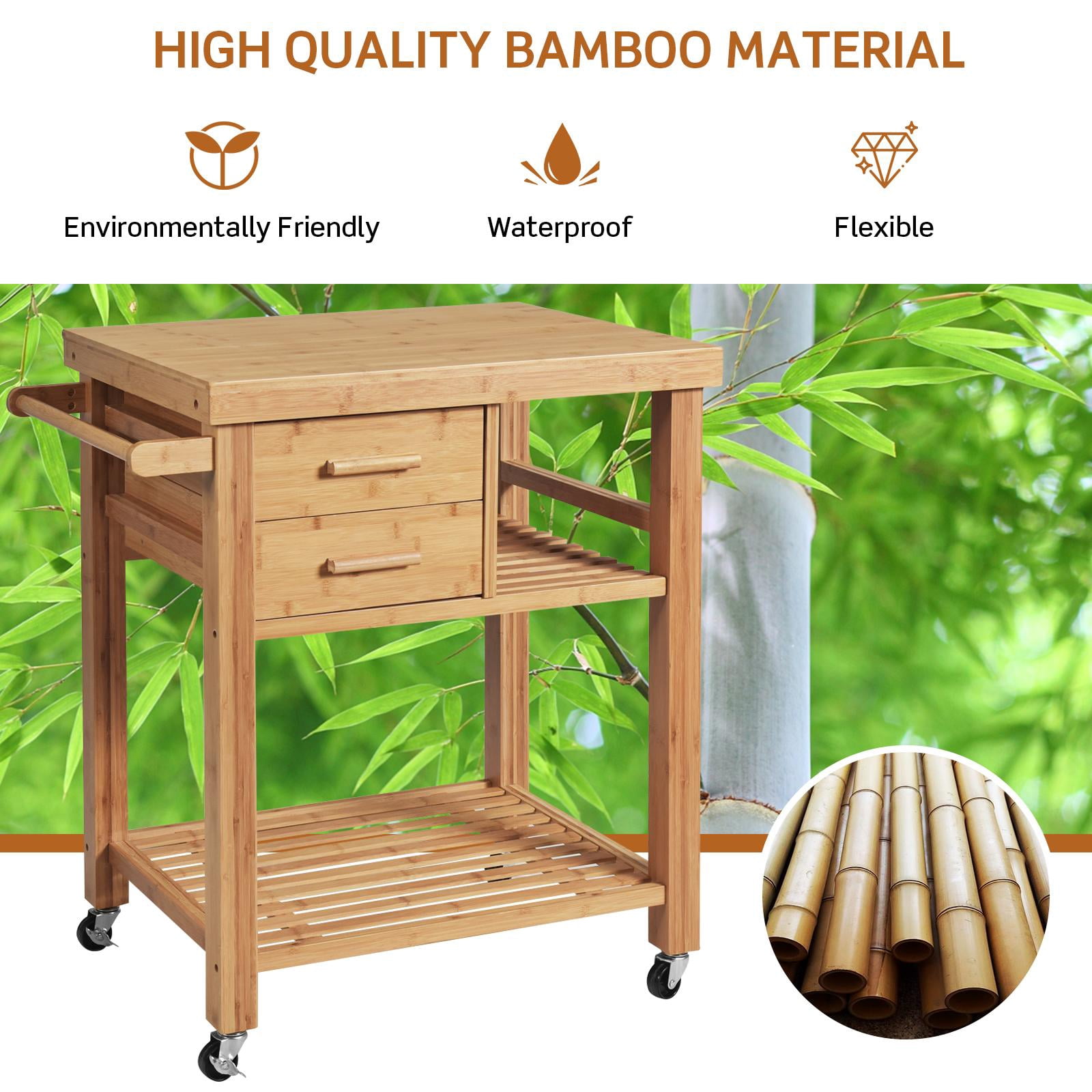 Giantex Bamboo Kitchen Island Cart Trolley, 3-Tier Rolling Kitchen Cart w/ 2 Drawers, Open Shelves, Towel Rack, Kitchen Serving Storage Cart for Kitchen, Dining Room, Living Room, Natural