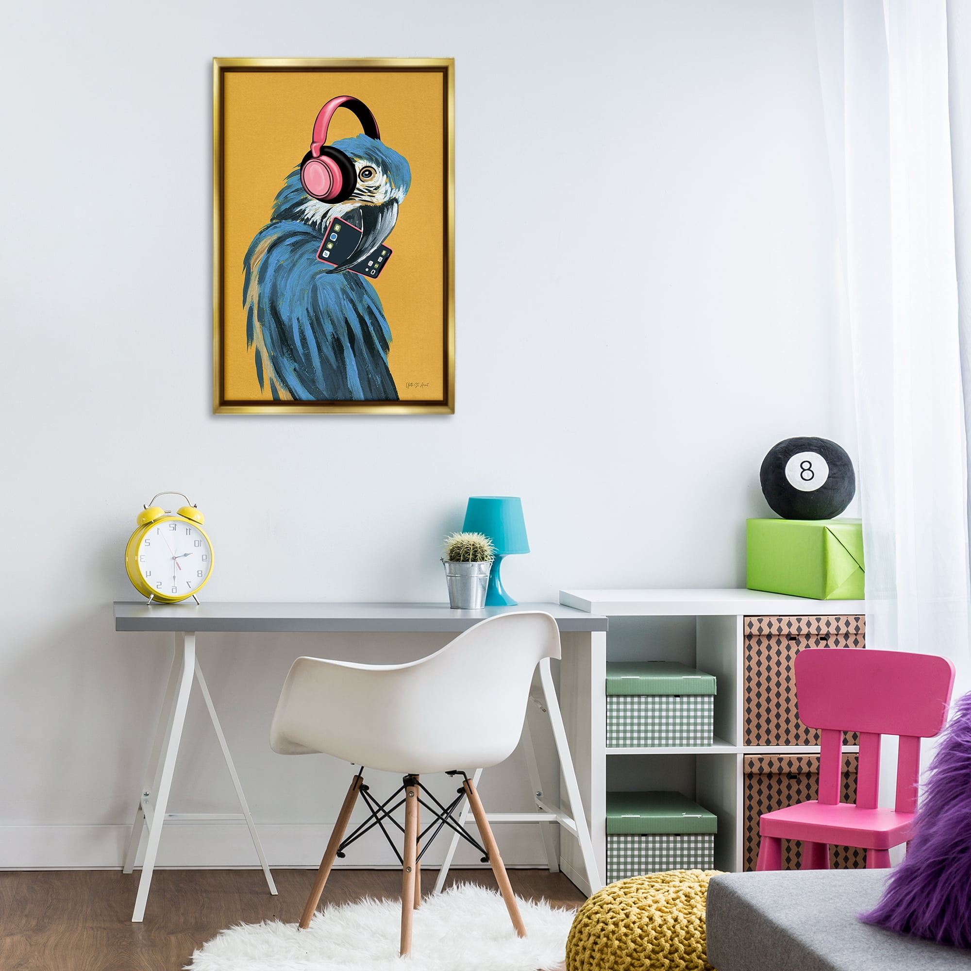 Stupell Industries Parrot Listening to Music Animals & Insects Painting Gold Floater Framed Art Print Wall Art, 21 x 31
