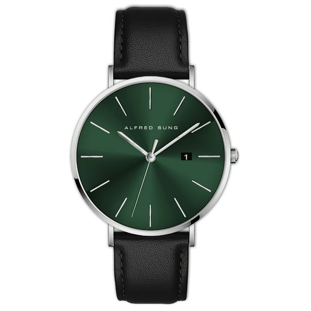 Alfred Sung Silver Metropolitan Date Green Dial Silver Case Leather strap watch
