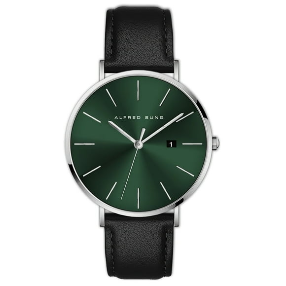 Alfred Sung Argent Metropolitan Date Cadran Vert Boîtier Argent Bracelet en Cuir Montre