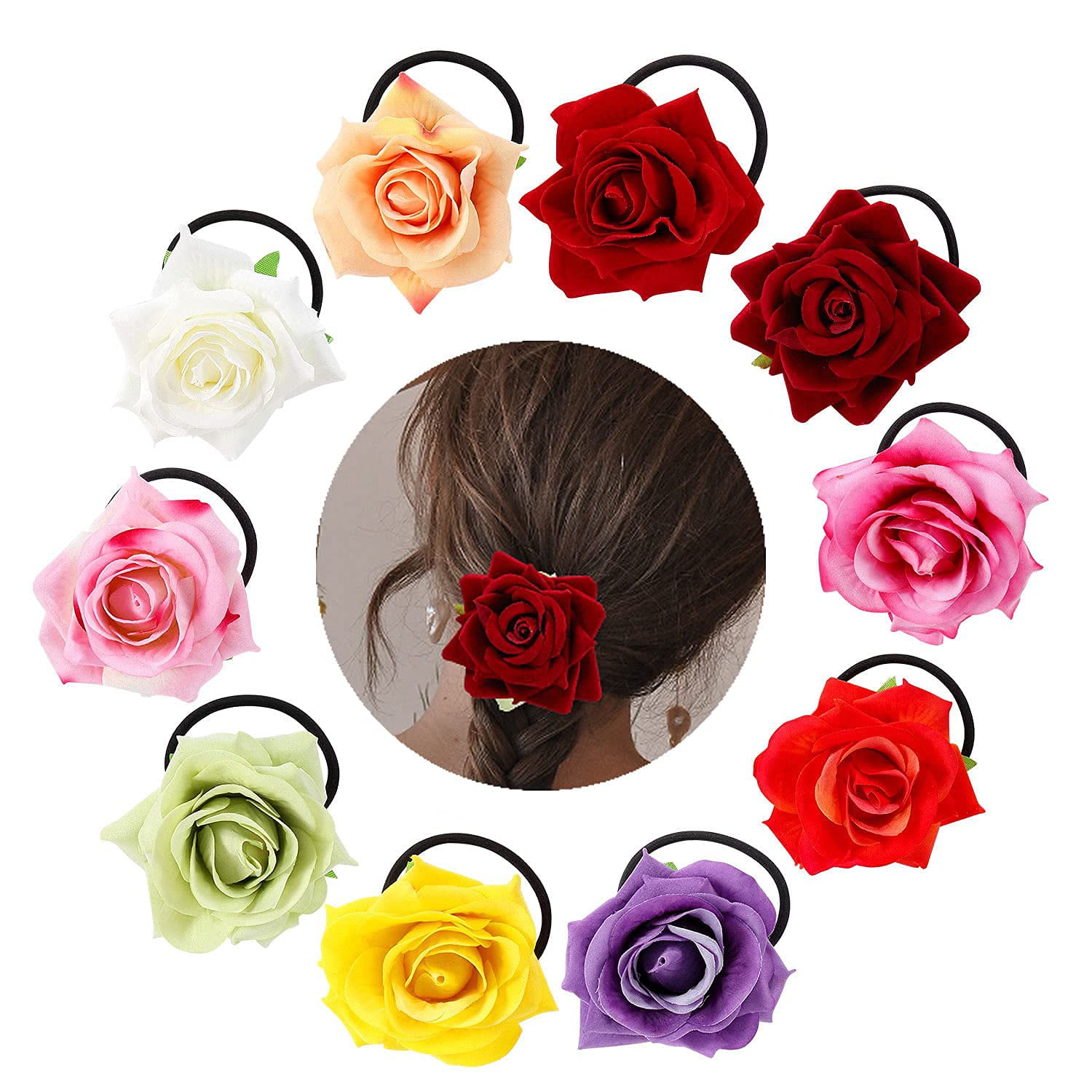 HAIR BUN RING GARLAND BRIDESMAID FLOWER GIRL  ROSES &  RHINESTONES ACCESSORY 