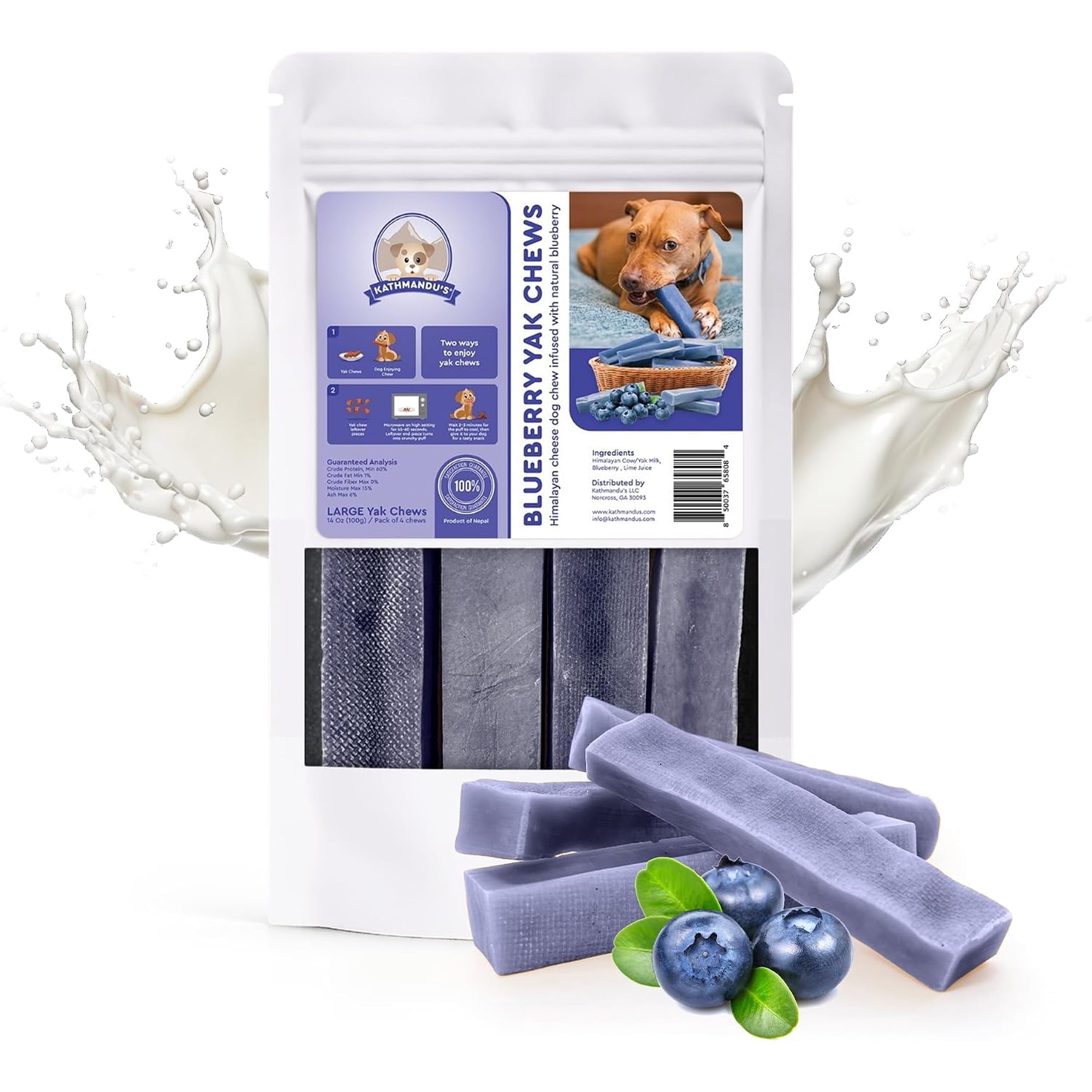 Kathmandu's Blueberry Flavored Himalayan Yak Cheese Dog Chews Large 4 Count Long Lasting Dog Chews for Aggressive Chewers, Lactose & Rawhide Free, Natural Yak Chews, Dental Treats