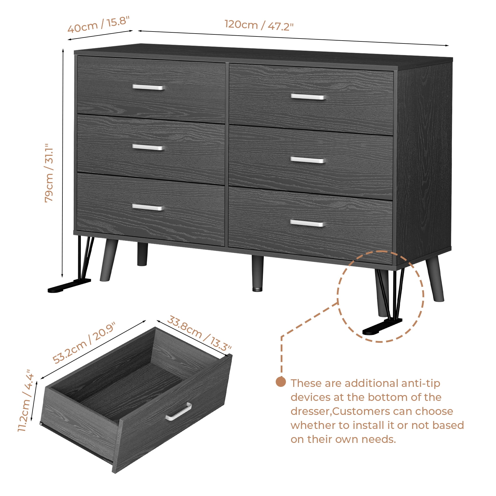 Meteorleg 6 Drawer Dresser for Bedroom, Wood Dresser with Wide Drawers and Metal Handles,Modern Dresser Chest for Bedroom,Living Room,Entryway