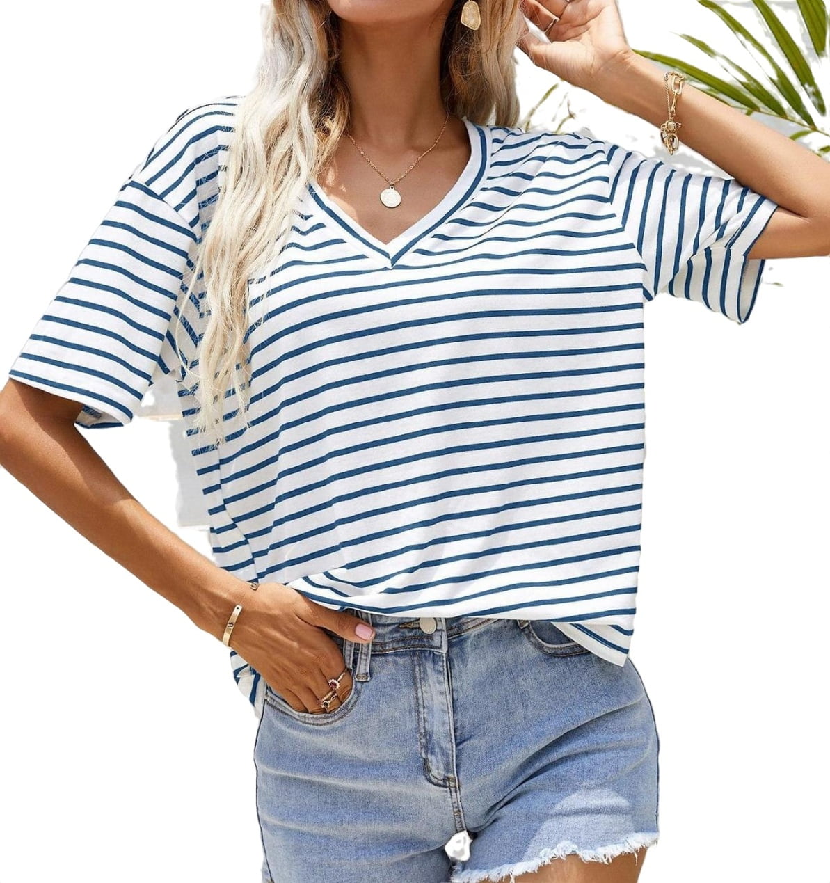 Black and White Casual Striped V neck Short Sleeve Women s T Shirts