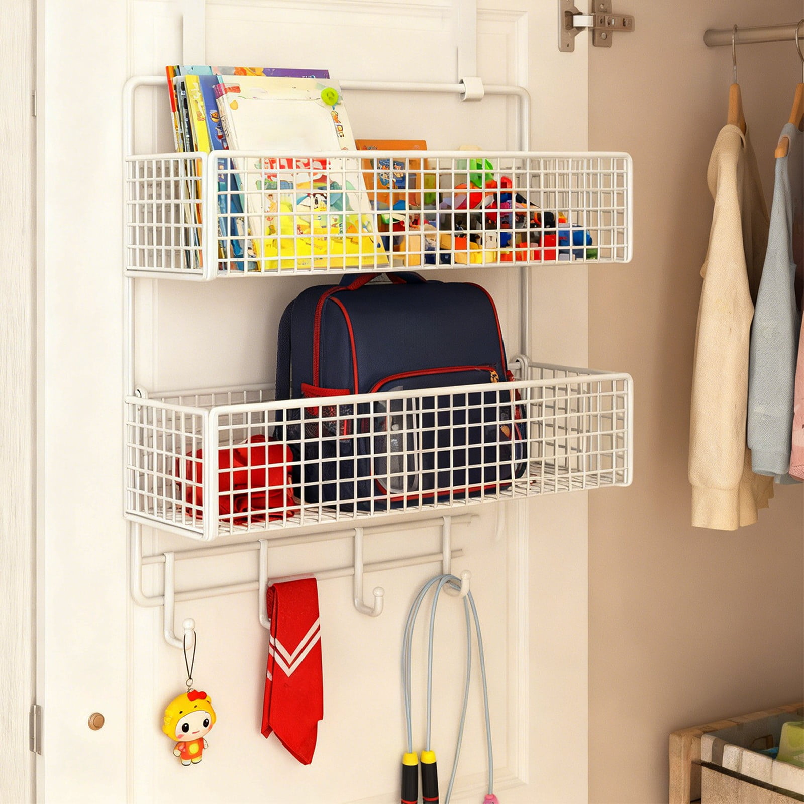 Over The Door Two Tier Storage Basket Organizer with Hooks, Space-Saving Hanging Shelf for Bathroom, Kitchen, Pantry, Tool-Free Setup, Large Capacity for Toiletries, Snacks and Daily Essentials