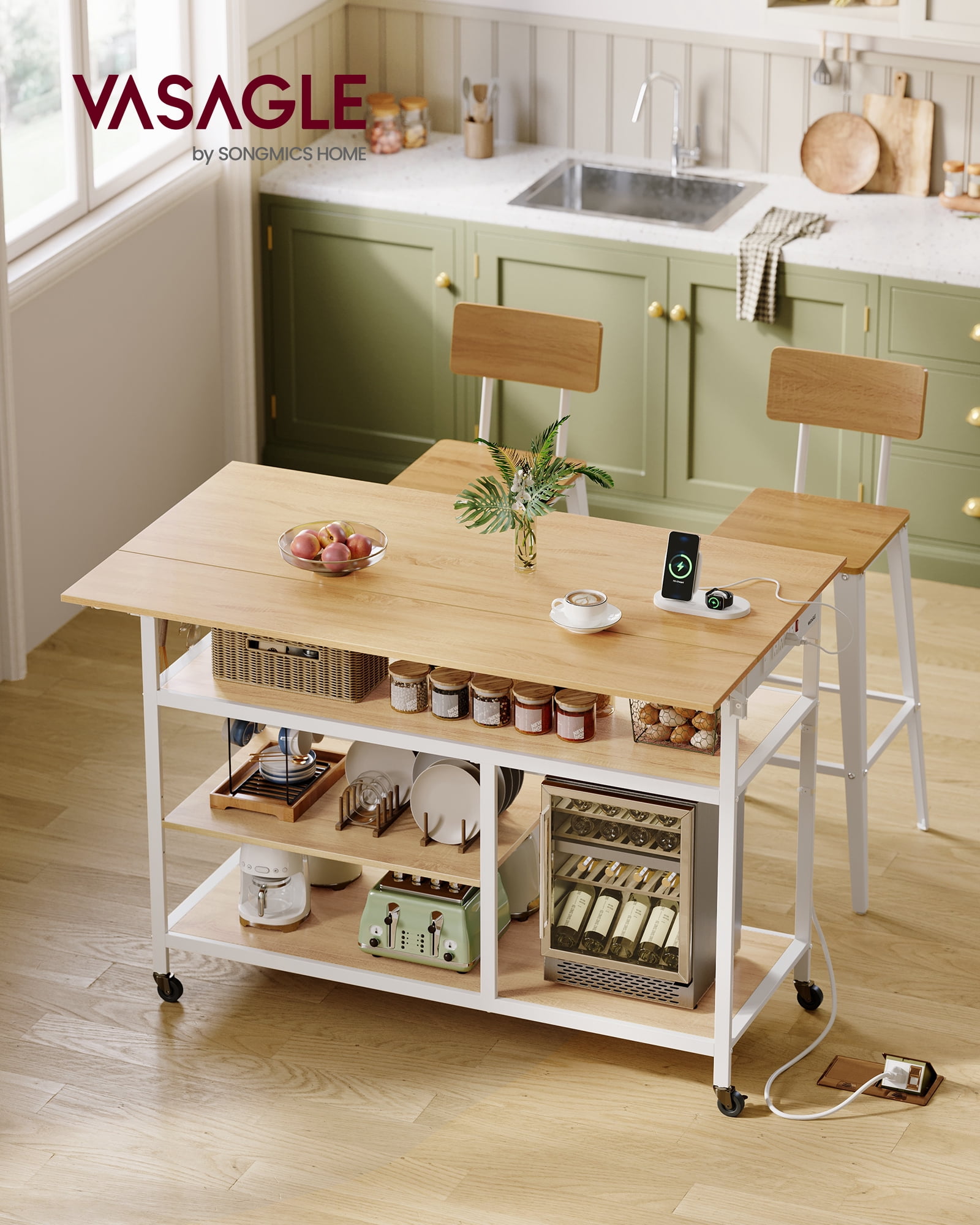 Kitchen Island with Drop Leaf, Kitchen Workbench with Extendable Worktop, Kitchen Cart, Pegboard, Power Strip, Adjustable Shelf, Golden Oak and Cloud White