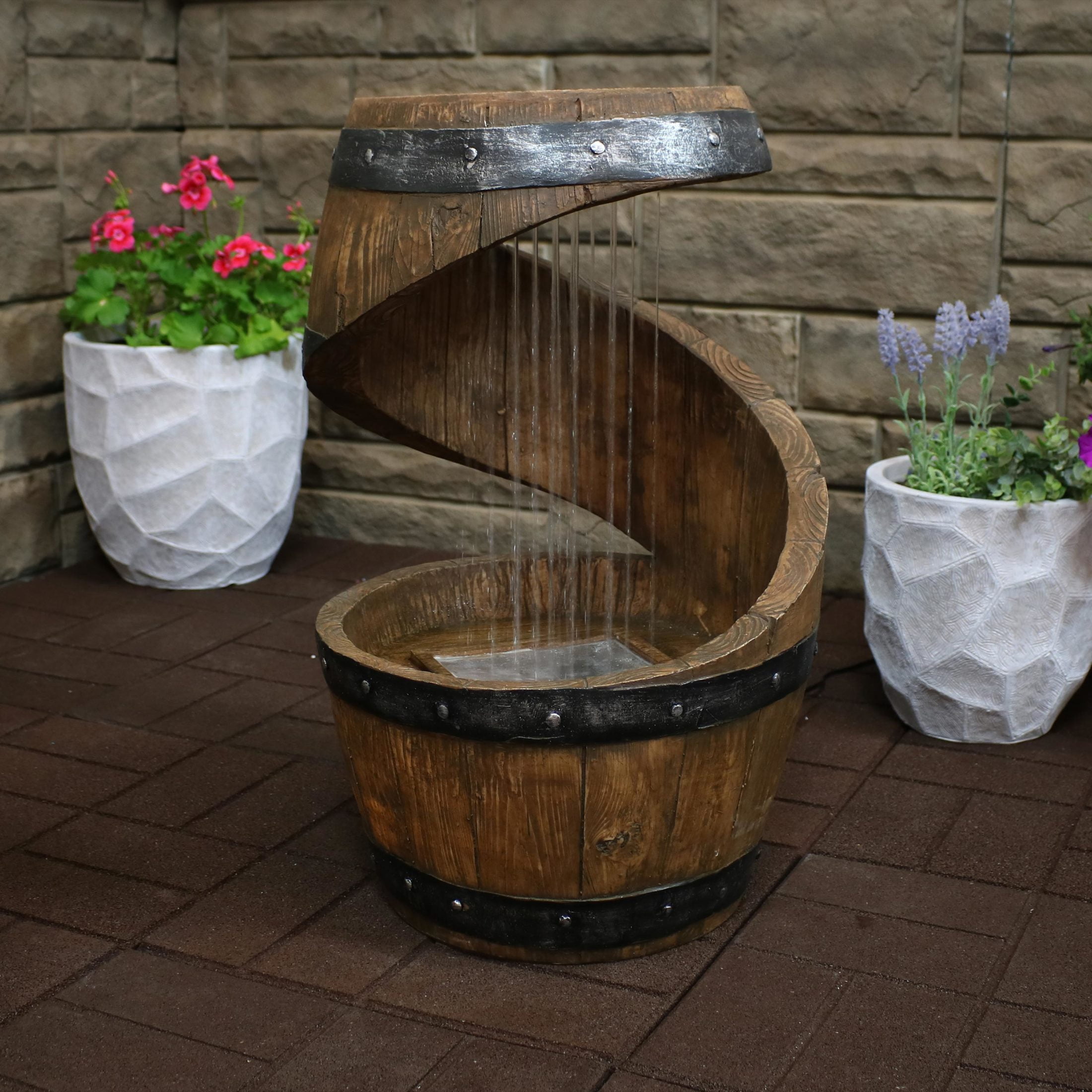 Sunnydaze Spiraling Barrel Resin Outdoor Water Fountain with Light