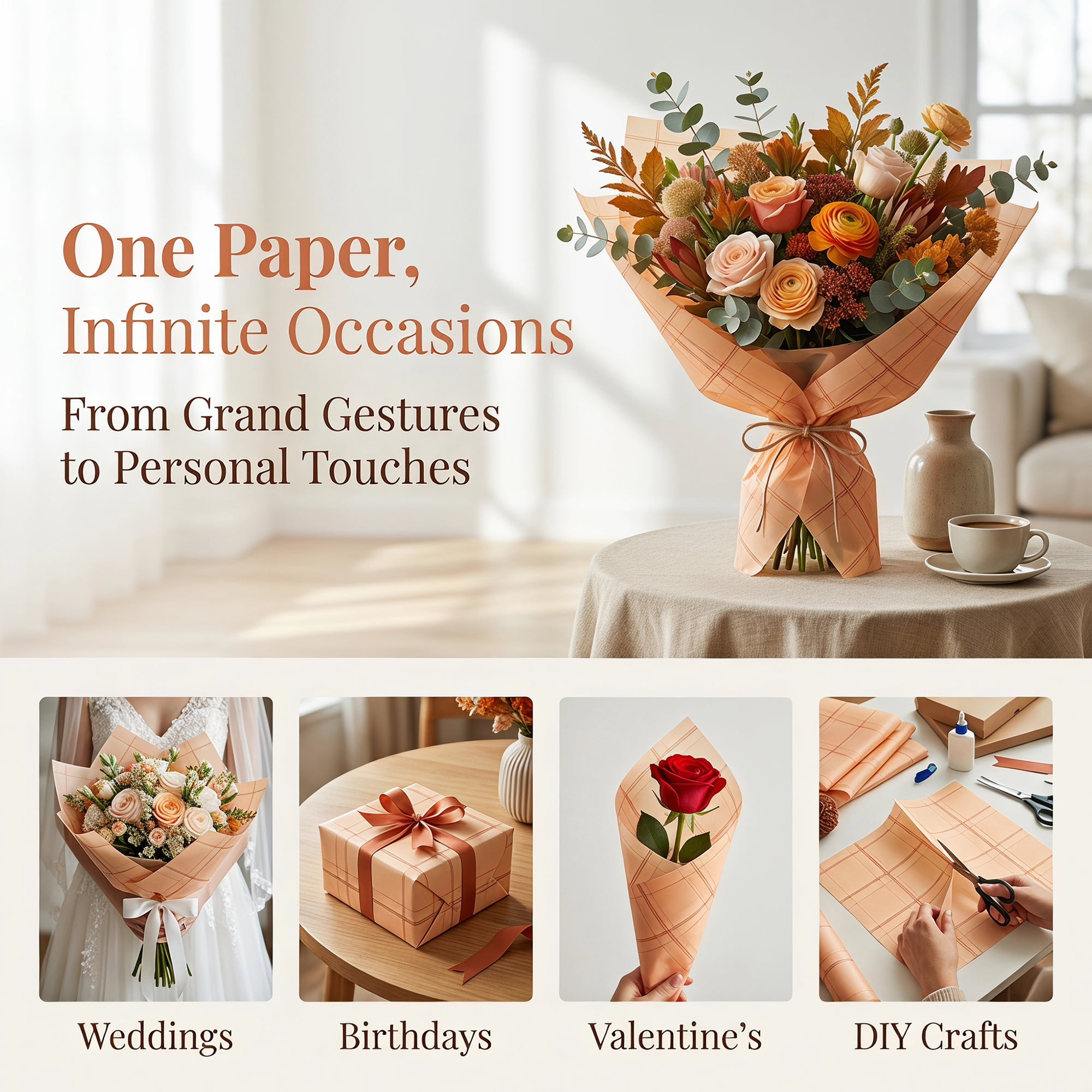 Unique Bargains Luxury Plaid Waterproof Gift Wrap Paper for Bouquets Beige 22.4"x 22.4"