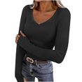 thumbnail image 3 of ClodeEU Women's Fall V Neck Slim Long Sleeve T Shirts,Stretchy Layer T Shirts Y2K Tops Black,Womens Plus XL, 3 of 9