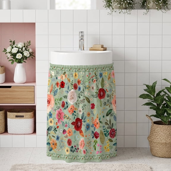 Sage Green Floral Small Cabinet Curtain 11''x13'', Spring Flowers Leaves Farmhouse Bathroom Sink Skirt for Kitchen Vanity Pedestal, Laundry Privacy Drape Waterproof Dishwasher Curtains