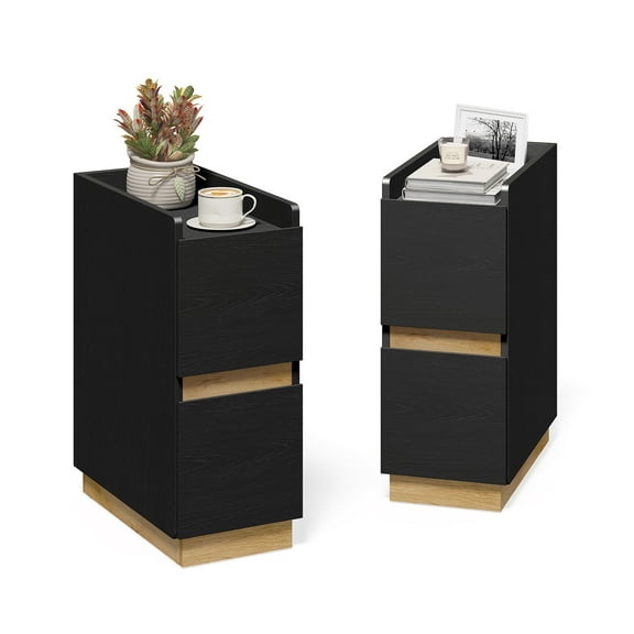 H&3L Skinny Nightstand, Narrow Side Table with Drawers, Modern Small Night Stand Set 2, Wooden Slim Bedside End Table for Living Room, Bedroom, Black