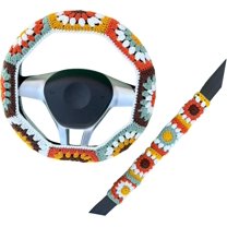 Handmade Steering Wheel Cover, Crochet Steering Wheel Cover, Sunflower Granny Square Wheel Cover, 14-15 Inch, Universal Fit, for Women, Wheel Cover with Seat Belt Cover