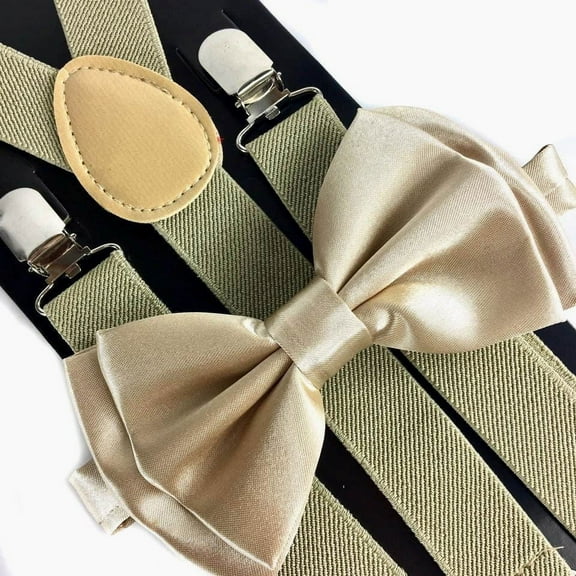 Champagne Gold Suspender   Clip on Bow-Tie Matching Set for Adults Men Women