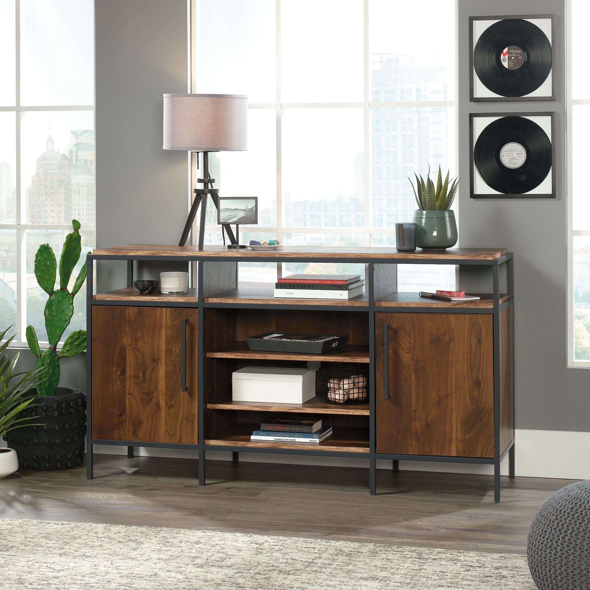 Sauder Nova Loft Metal & Wood TV Stand with Shelves & Storage for TV's up to 65", Grand Walnut