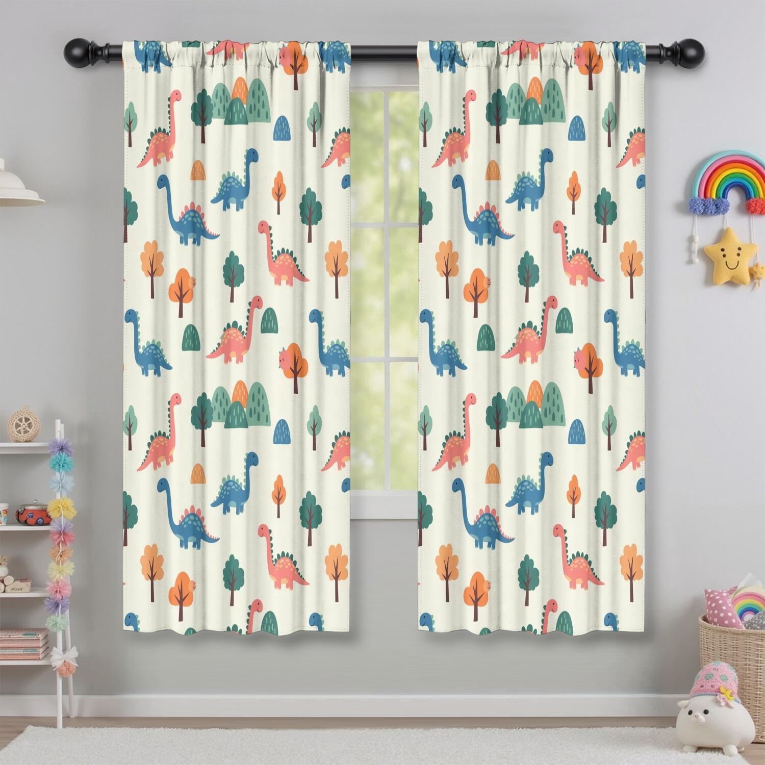 Blackout Kids Curtains,Beige Dinosaurs Landscapes Pattern Childrens Insulated Curtains Set Of 2,Bedroom Essentials,Toddler Room Decor 42"x63"