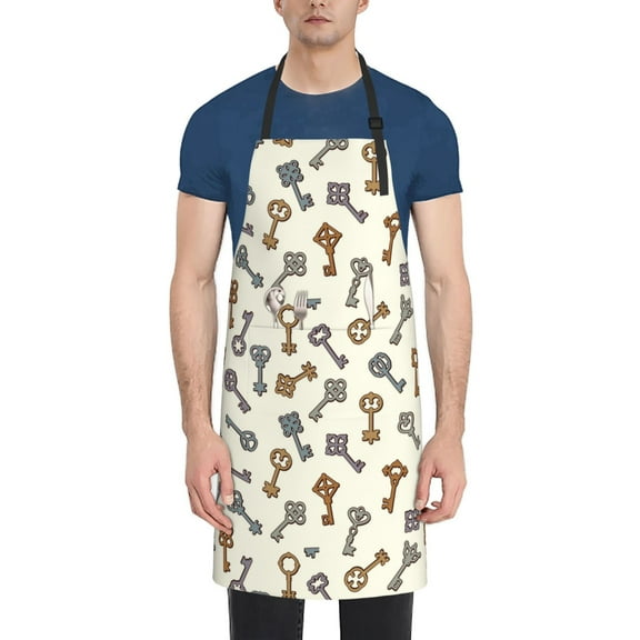 Xecao Keys1 Print Kitchen Cooking Aprons, Waterproof Adjustable Bib Aprons with 2 Pockets for Women Men Chef