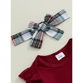 thumbnail image 6 of Suealasg Infant Baby Girls Christmas Outfits Set 3 6 12 18 Months Long Sleeve Romper + Plaid Suspender Skirt + Headband Set 3Pcs Newborn Girls Christmas Party Clothes, 6 of 7