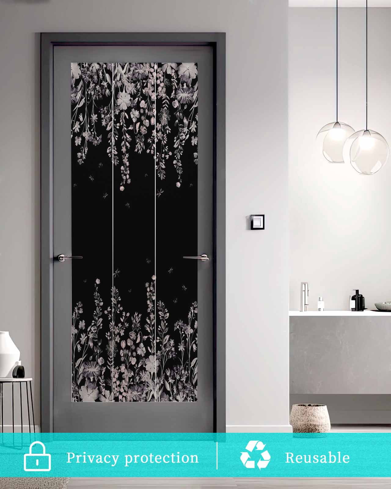 Window Privacy Film Black Botanical Stained Glass Window Film Decorative Sun Block Window Cover Dragonfly Flower Leaf Retro Style Window Clings Static Adhesive Sticker for Bathroom 23.6"x59"