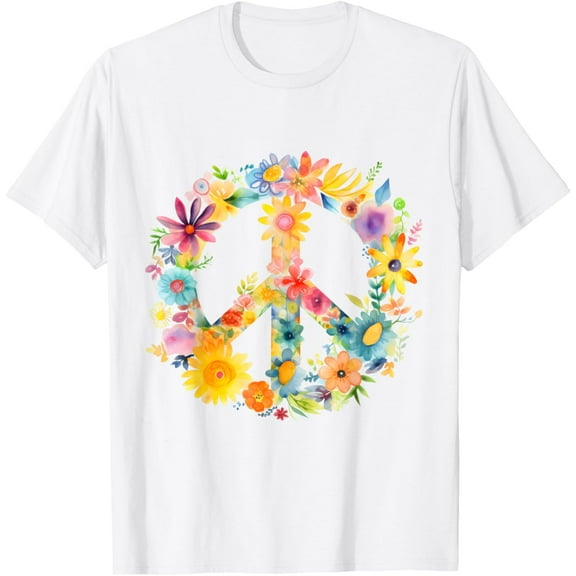 Peace Sign World Love Flowers Hippie Groovy Vibes Colorful T-ShirtMen and women, White T-shirt, size: Extra large