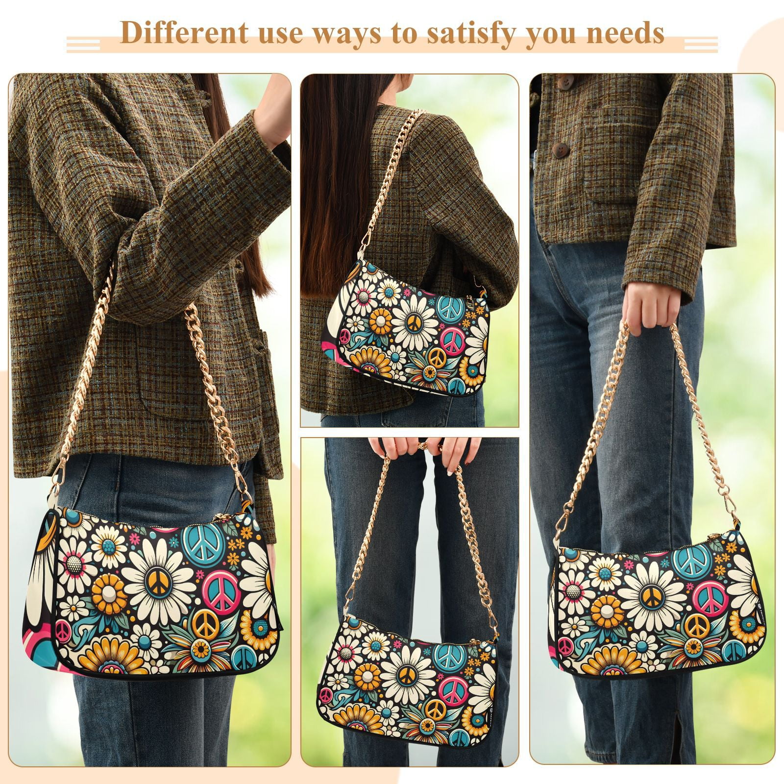 Daisy Flower Peace SymbolWomen Small Shoulder Bag Crossbody Tote Hobo Bags Purse Clutch Handbags with Chain Strap for Women