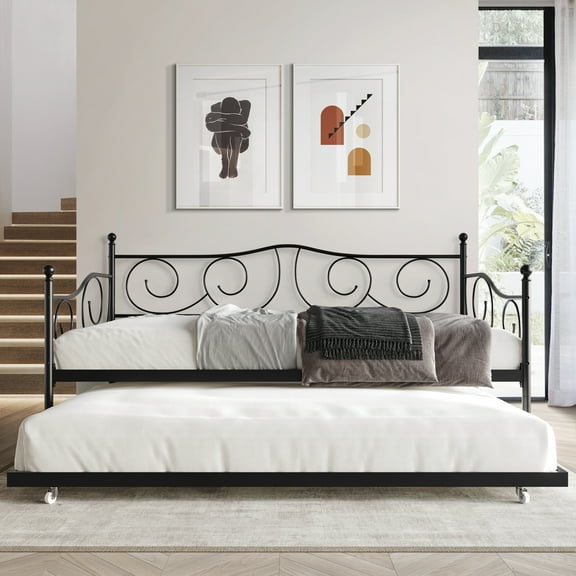 Castle Place Stylish Metal Twin Daybed with Trundle, Black