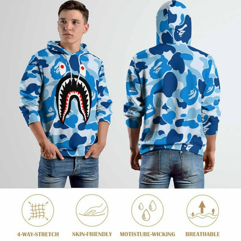 Bape Shark Camo Hoodie 3D Print Pullover Hooded Long Sleeve Sweatshirts Tops Blouse with Pocket for Mens Womens