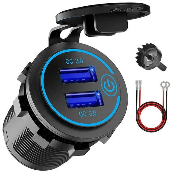 12V USB Outlet, Dual QC 3.0 Car Charger with Switch, 36W Waterproof Power Outlet Charger(with 1.1Inch Puncher)