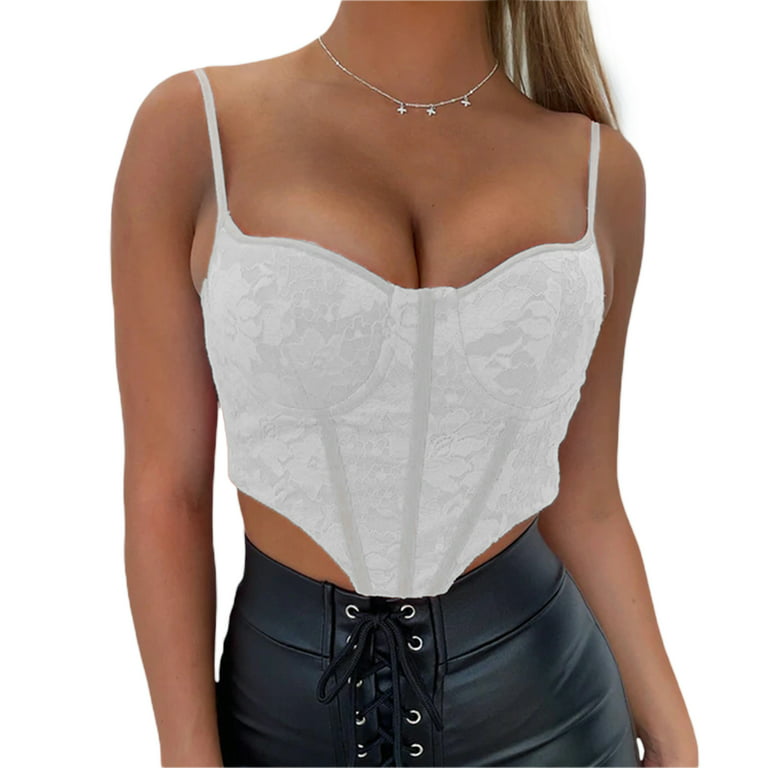 Inevnen Spaghetti Strap Party Crop Top Lace Up Back Boned Overbust Corset  Bustiers for Women 